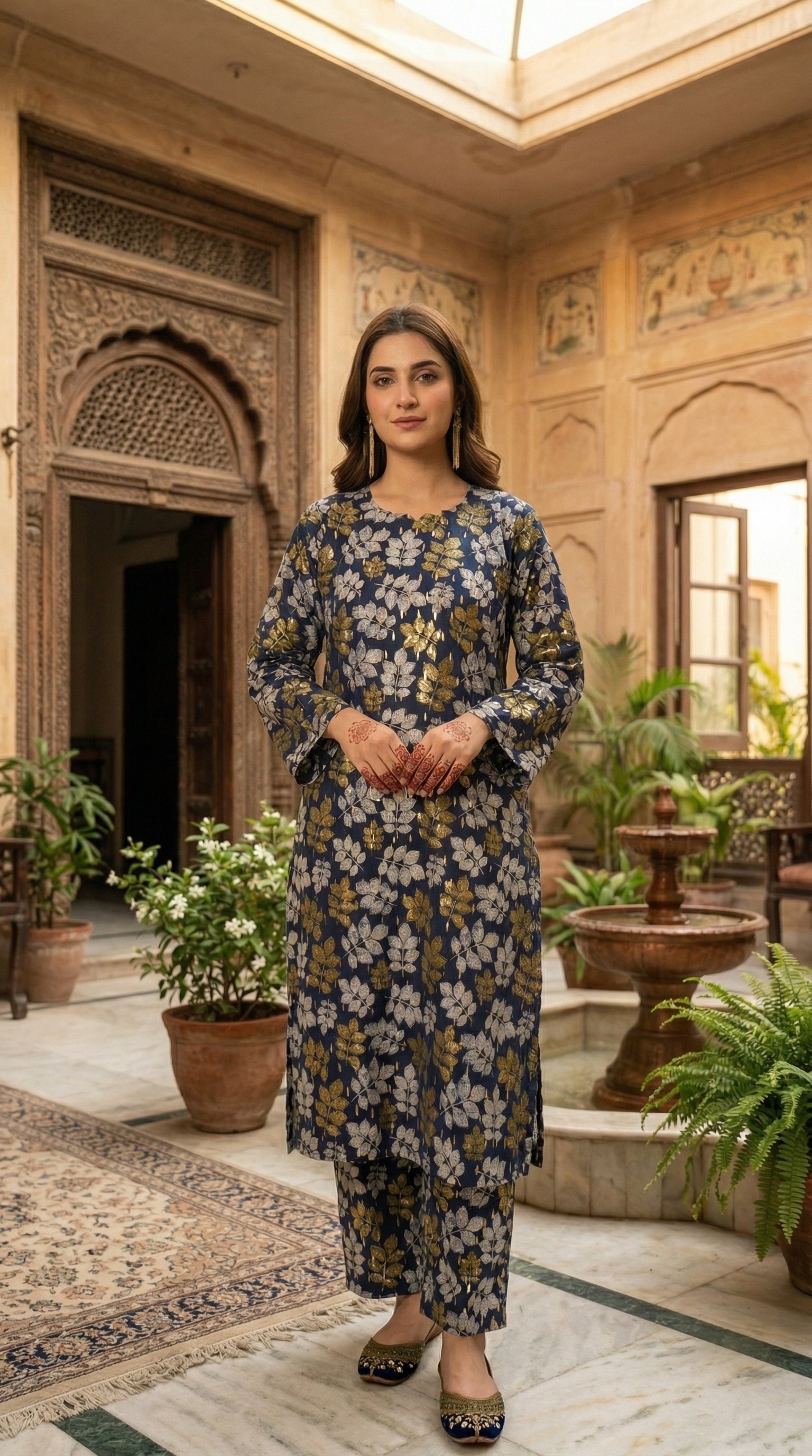 Woman wearing stitched navy blue floral printed 2 piece eastern suit with matching trousers in a traditional courtyard setting by Sijday.