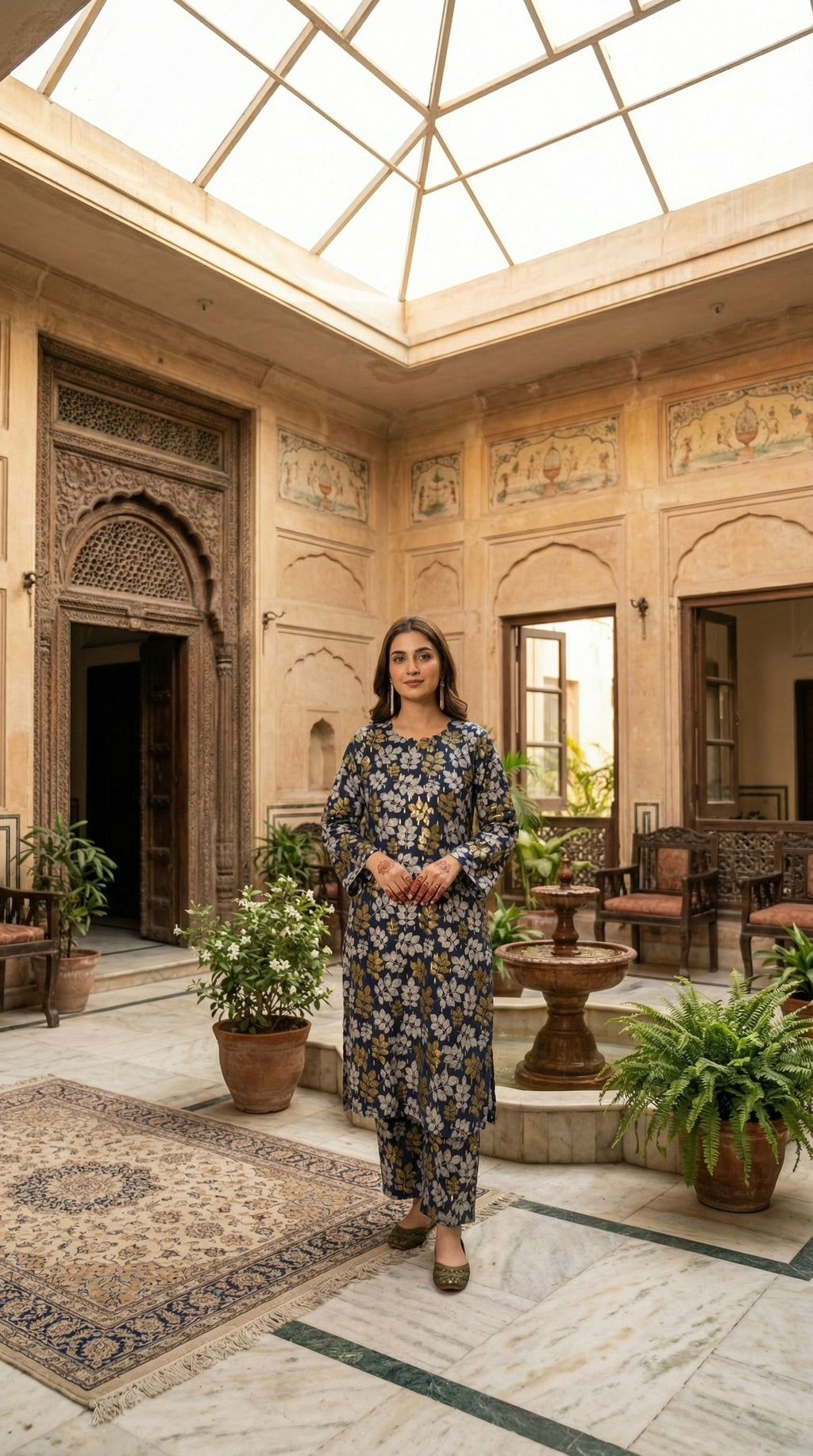 Woman wearing stitched navy blue floral printed 2 piece eastern suit with matching trousers in a traditional courtyard setting by Sijday.