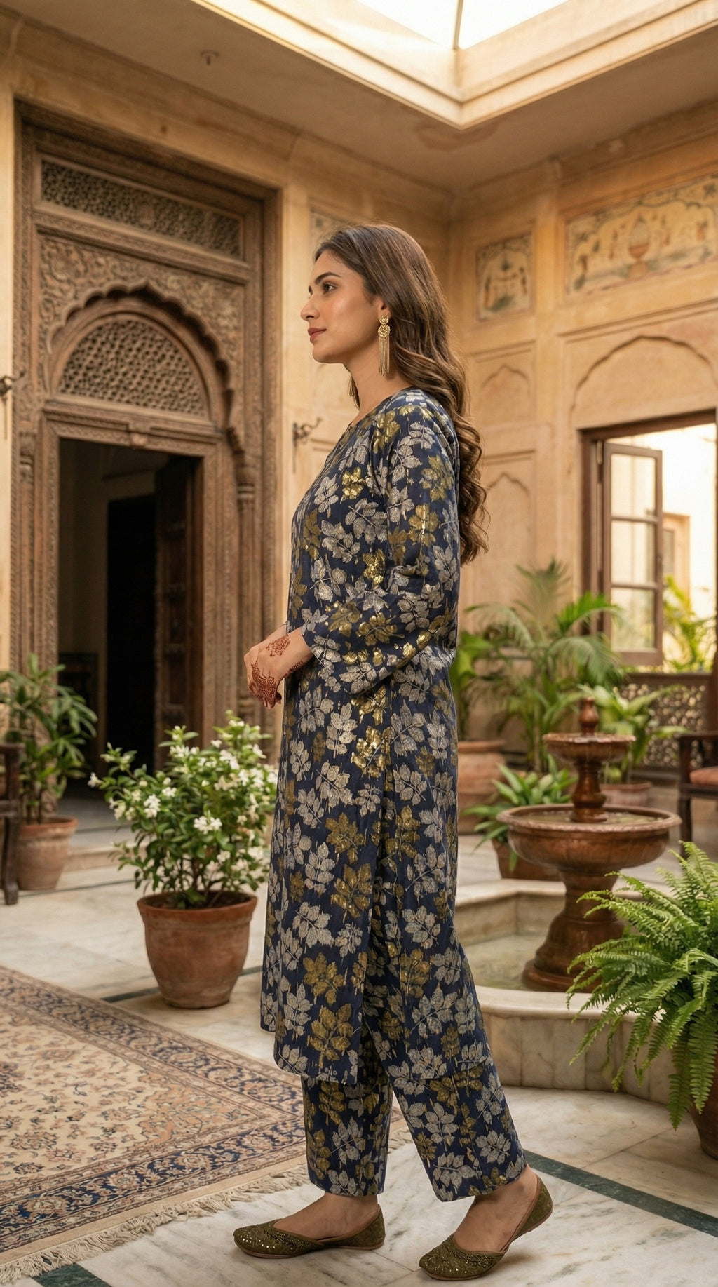Woman wearing stitched navy blue floral printed 2 piece eastern suit with matching trousers in a traditional courtyard setting by Sijday.