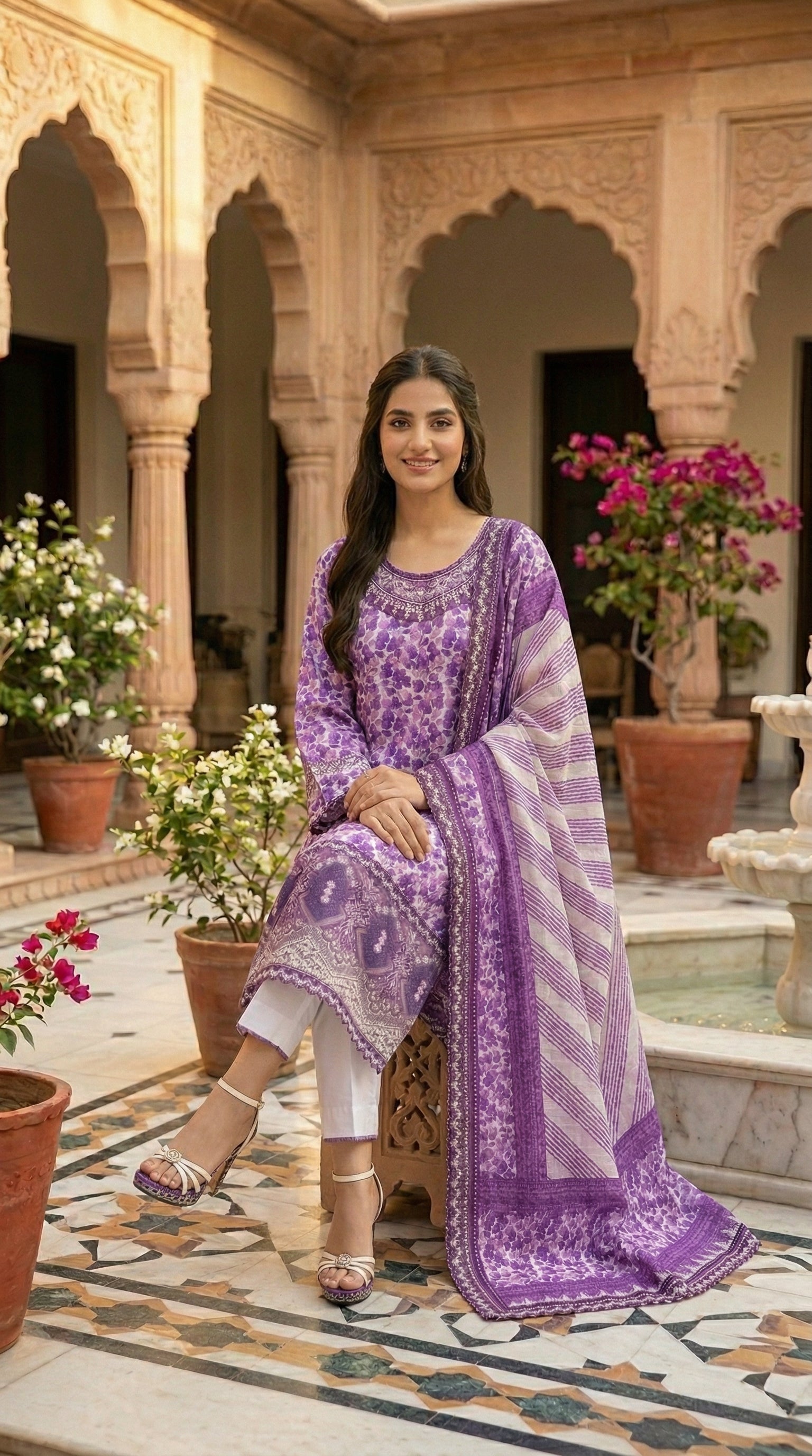 Woman wearing lavender floral printed embroidered 3 piece suit with dupatta