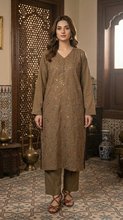 Front view of olive brown embroidered women stitched suit with floral detailing and straight trousers.
