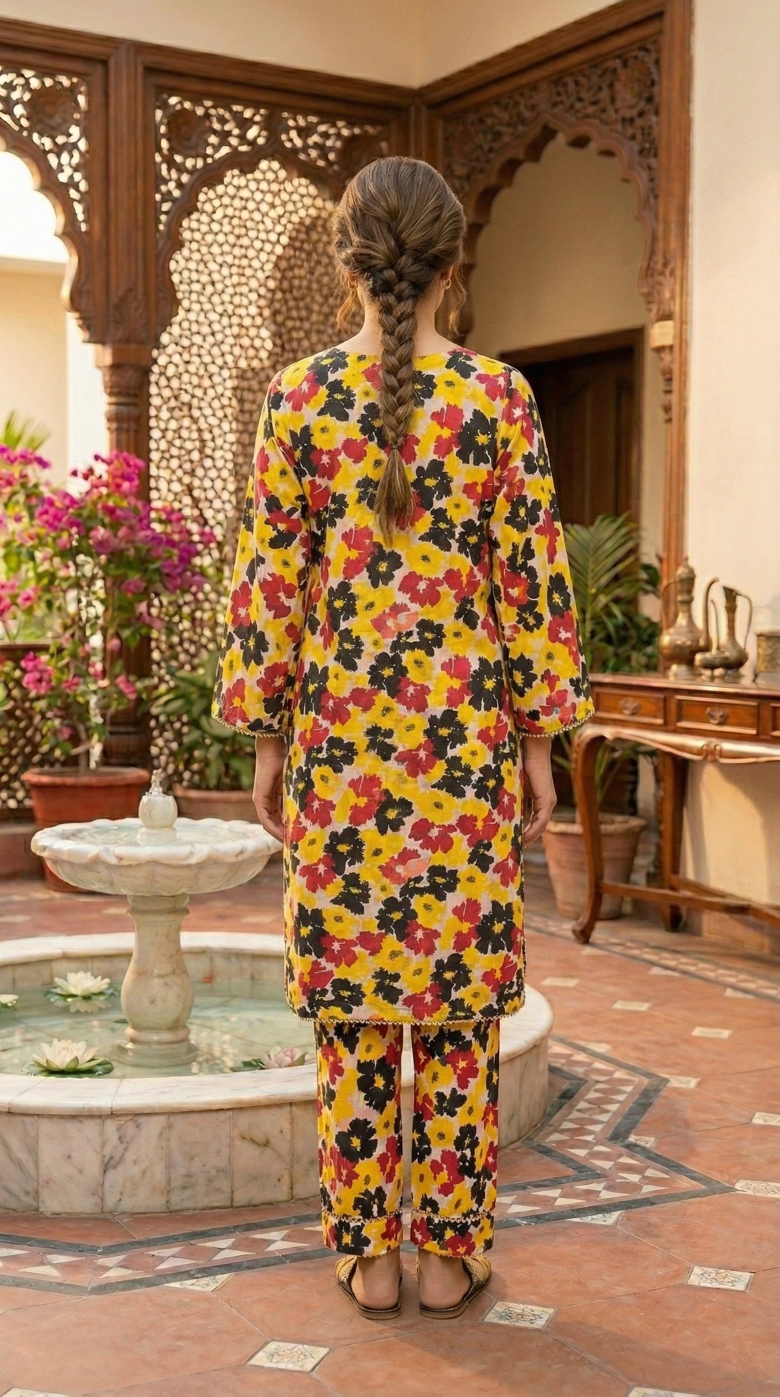 Woman wearing stitched Canary Yellow floral printed 2 piece eastern suit with matching trousers in a traditional courtyard setting by Sijday.