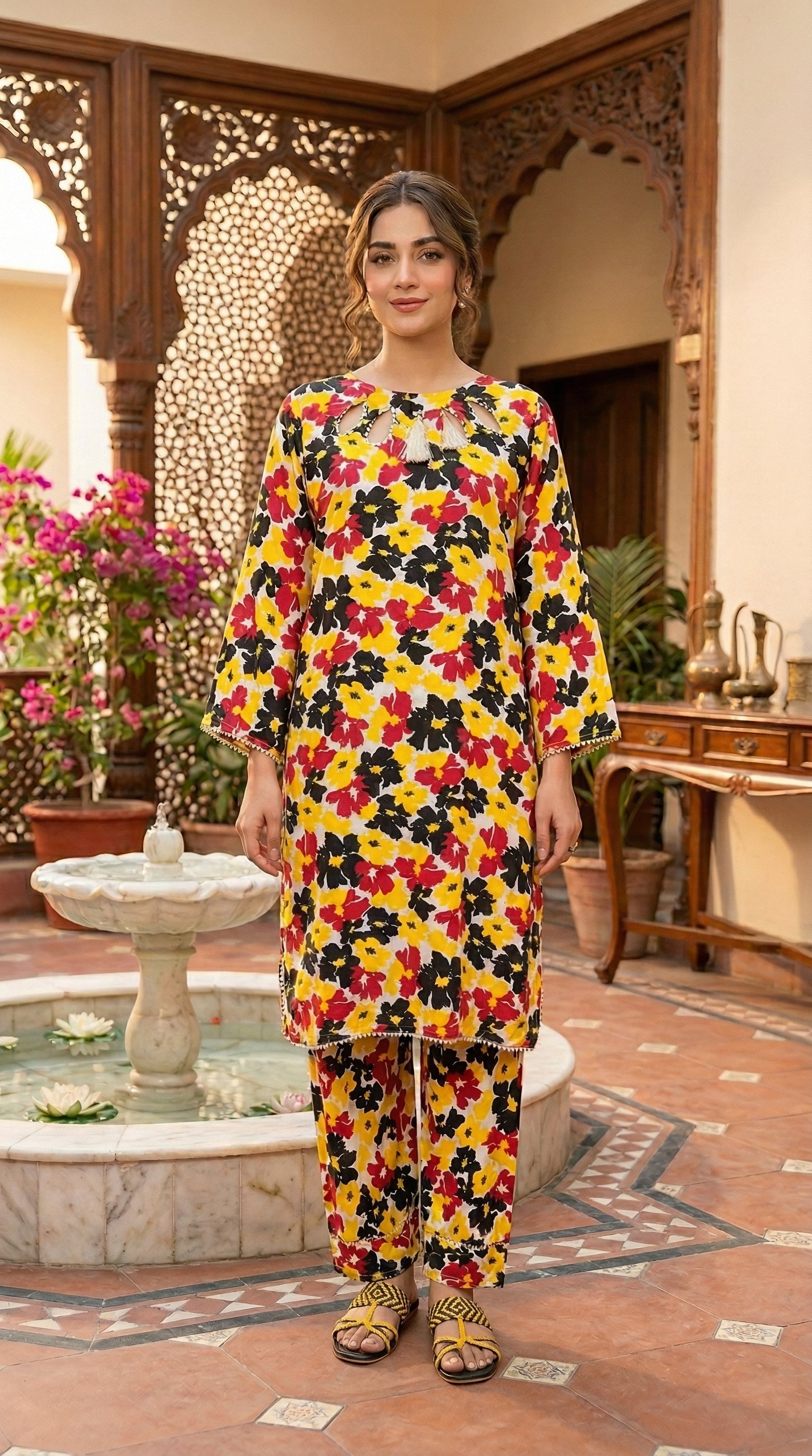 Woman wearing stitched Canary Yellow floral printed 2 piece eastern suit with matching trousers in a traditional courtyard setting by Sijday.