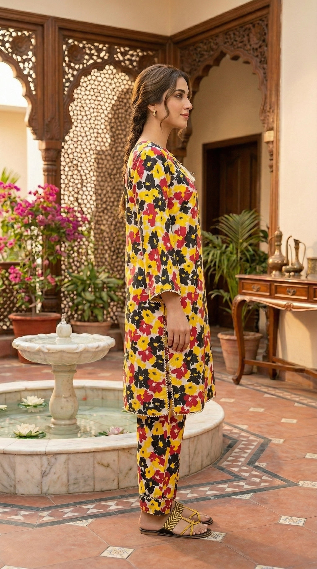 Woman wearing stitched Canary Yellow floral printed 2 piece eastern suit with matching trousers in a traditional courtyard setting by Sijday.