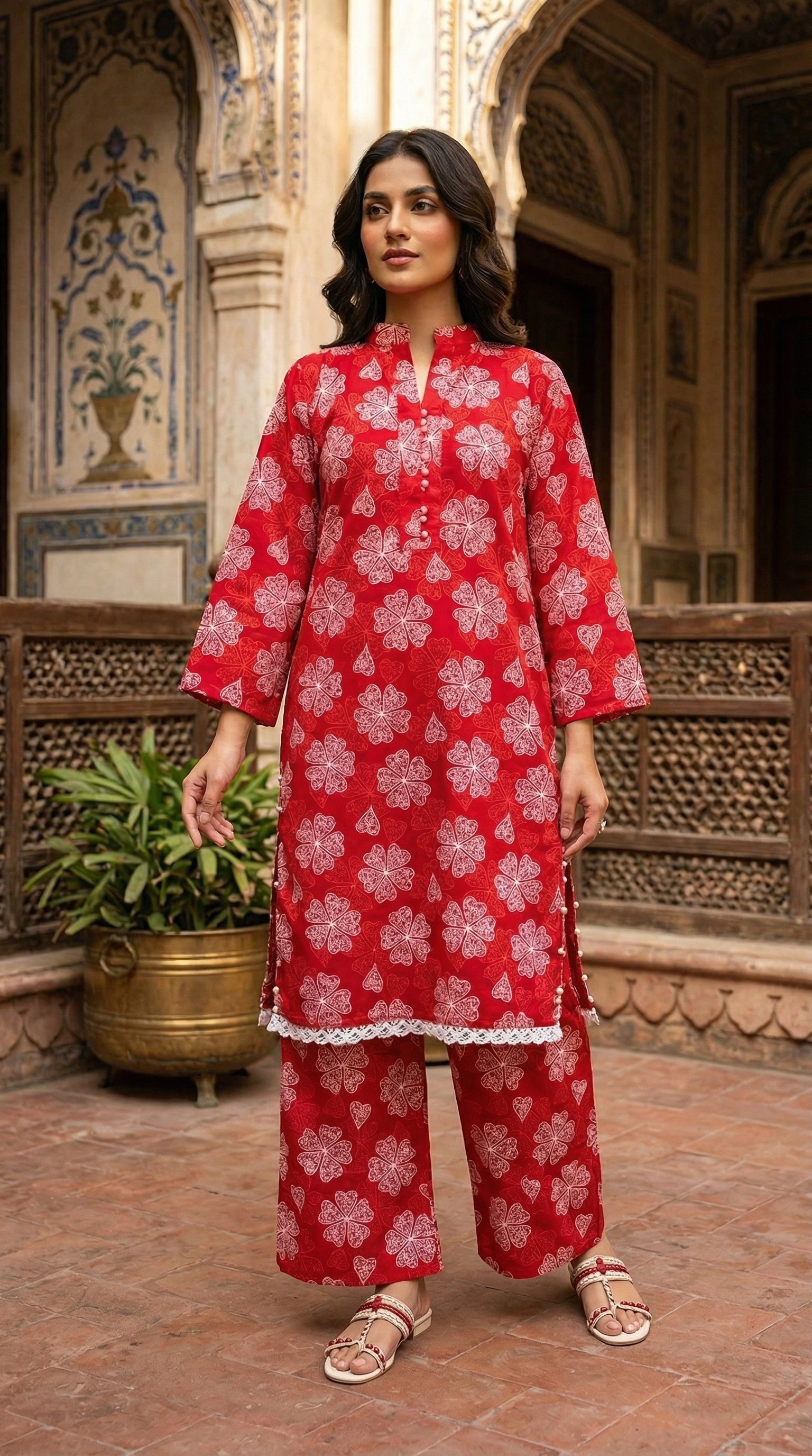 Woman wearing a red floral printed kurta and matching wide-leg trousers with lace detailing, standing in a traditional architectural courtyard – Sijday women’s eastern wear collection.