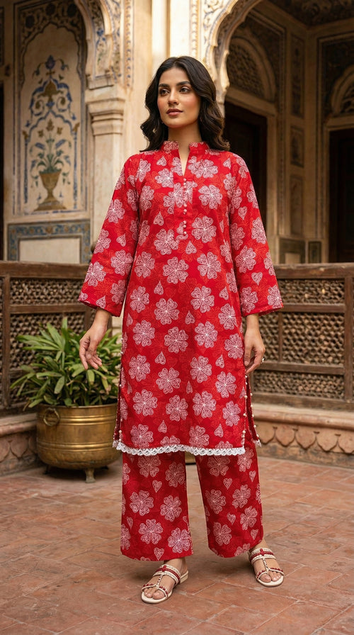 Woman wearing a red floral printed kurta and matching wide-leg trousers with lace detailing, standing in a traditional architectural courtyard – Sijday women’s eastern wear collection.