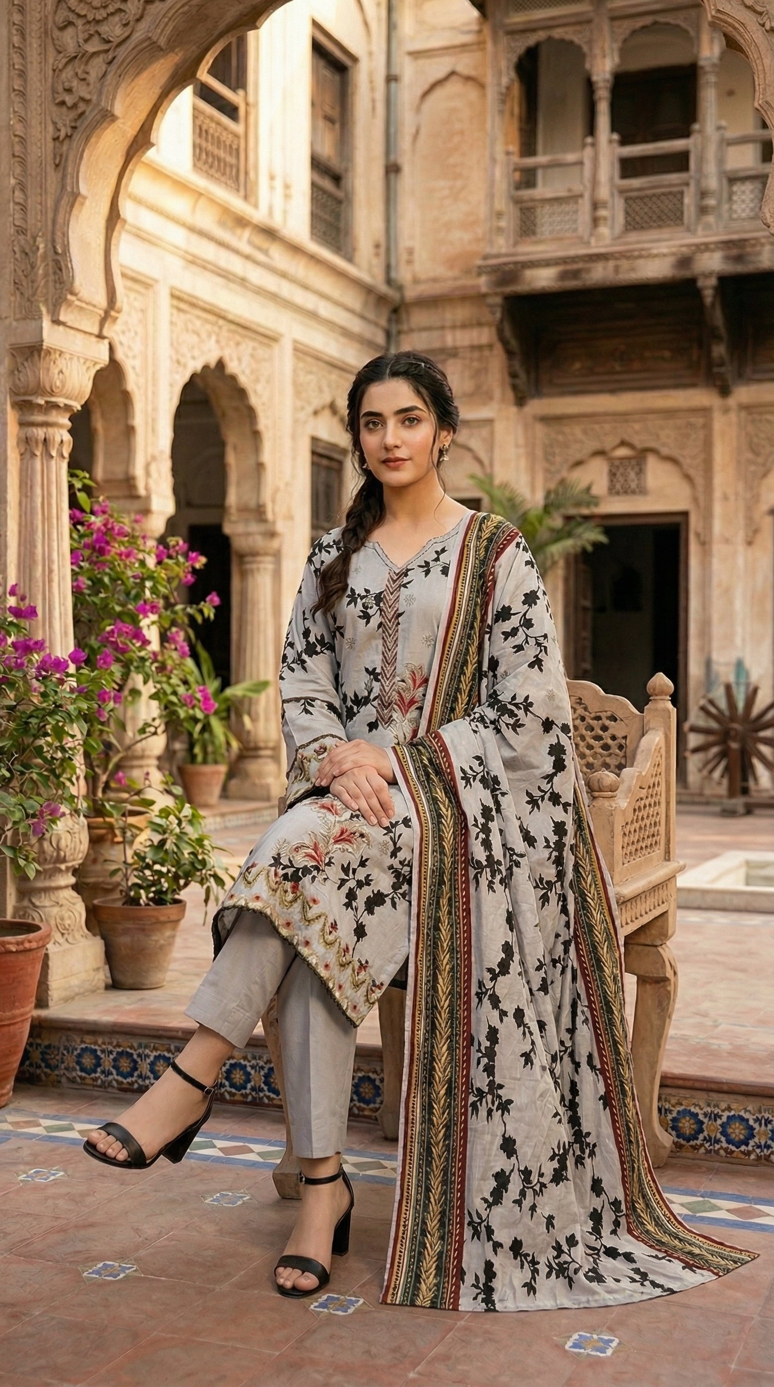 Woman wearing grey floral printed Pakistani 3 piece suit with matching dupatta. Sapphire suit with printed dupatta.