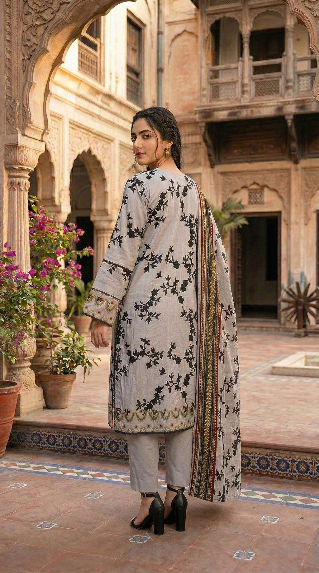 Back view of floral printed women suit with detailed border dupatta. Elegant cloudy grey floral sapphire suit for women with printed dupatta in traditional courtyard.