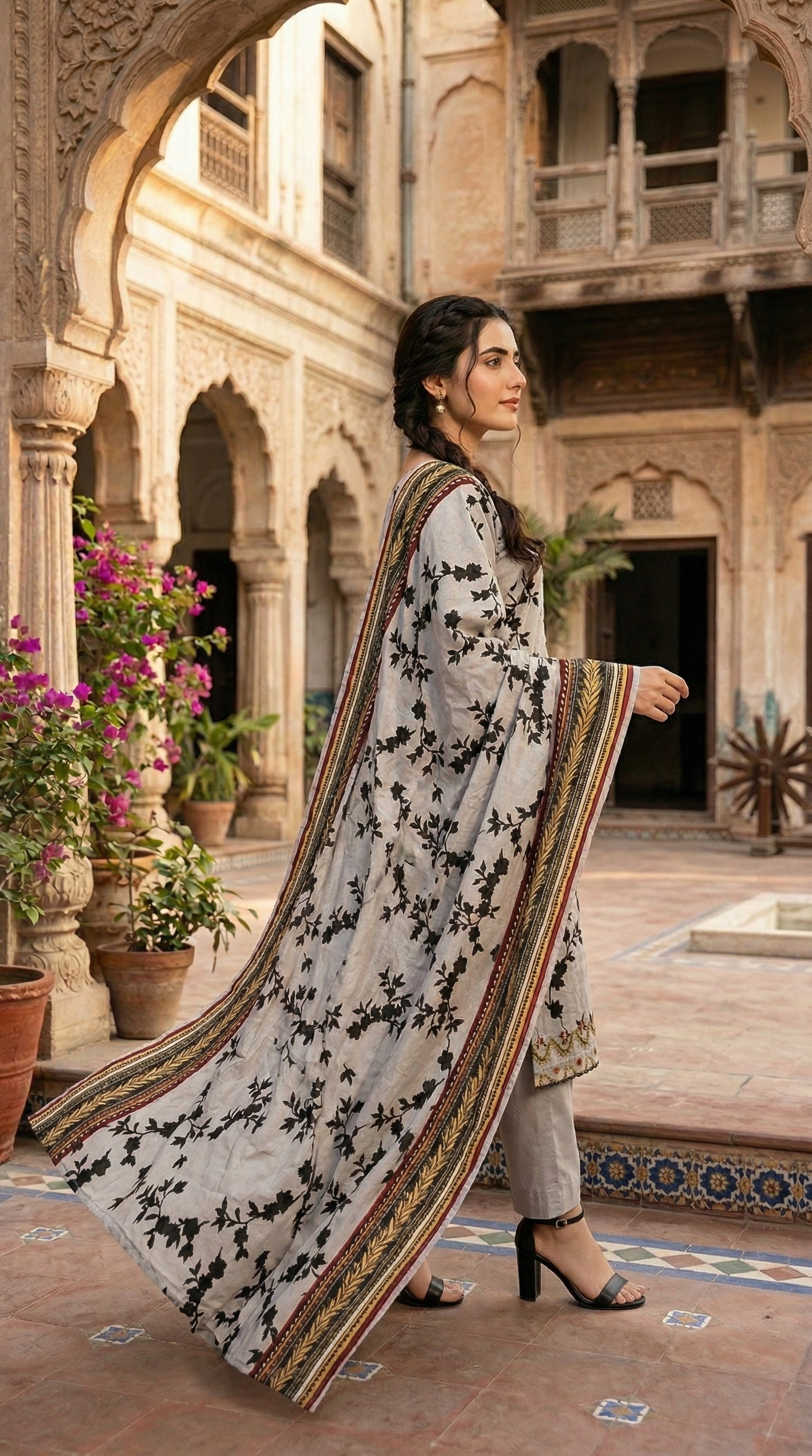 Side profile of elegant grey ethnic suit with flowing dupatta. Luxury women ethnic wear with floral printed dupatta. Elegant floral printed Pakistani sapphire suit for women in traditional architecture setting.