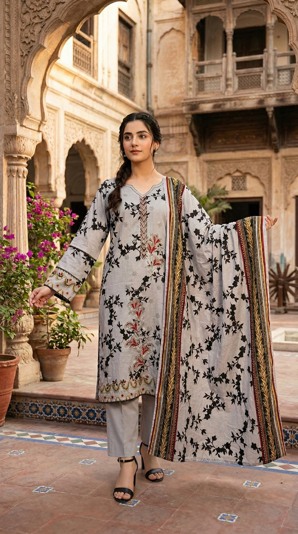 Front view of floral printed Pakistani sapphire suit with straight trousers. Traditional Pakistani floral outfit for women with matching trousers.