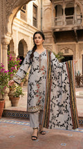 Front view of floral printed Pakistani sapphire suit with straight trousers. Traditional Pakistani floral outfit for women with matching trousers.