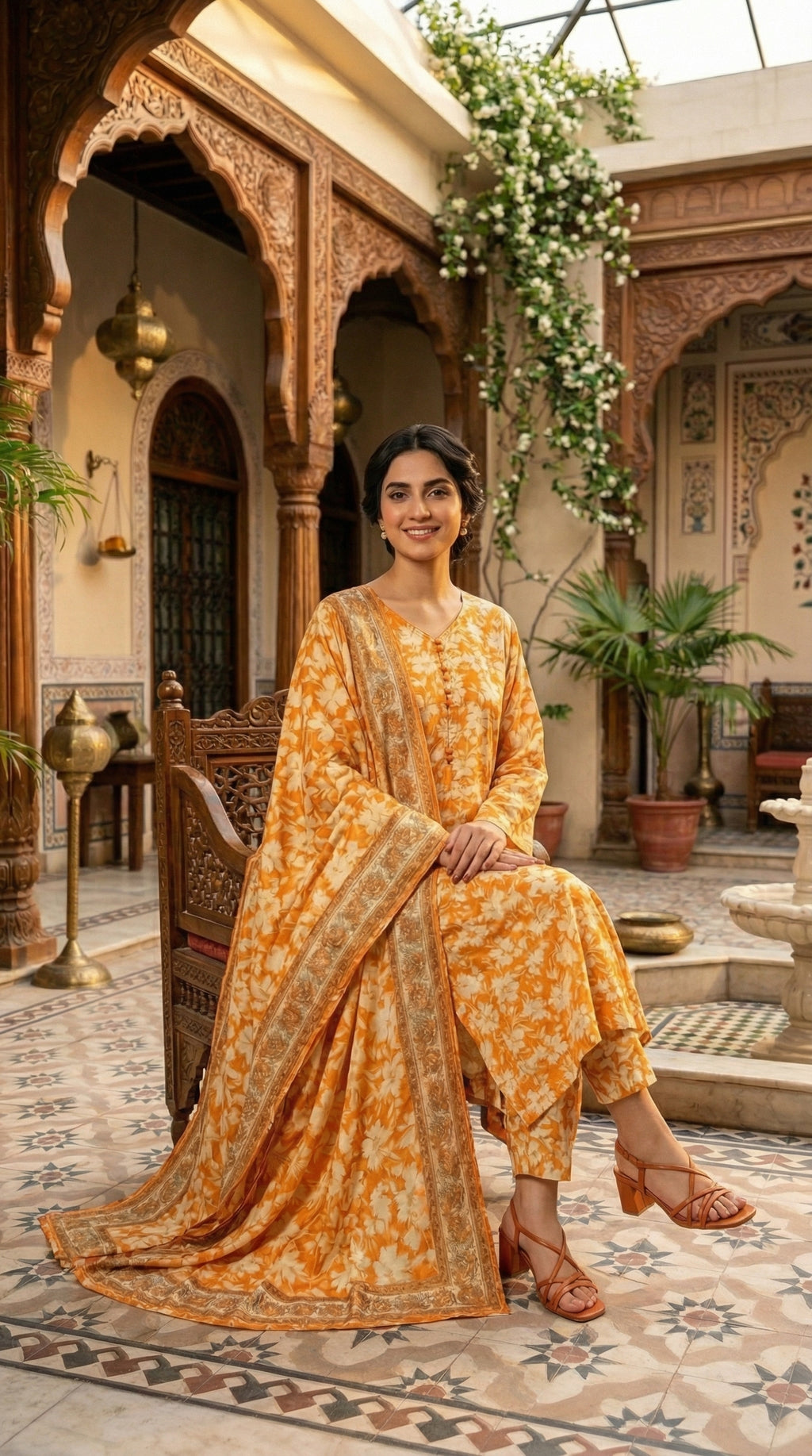 Woman wearing 3 piece floral printed silk suit with matching floral printed dupatta
Elegant Pakistani floral printed silk suit for women in traditional courtyard Floral printed silk outfit for women with traditional ethnic styling
Premium women silk suit with floral printed dupatta and straight trousers
Festive Pakistani floral printed silk dress for women