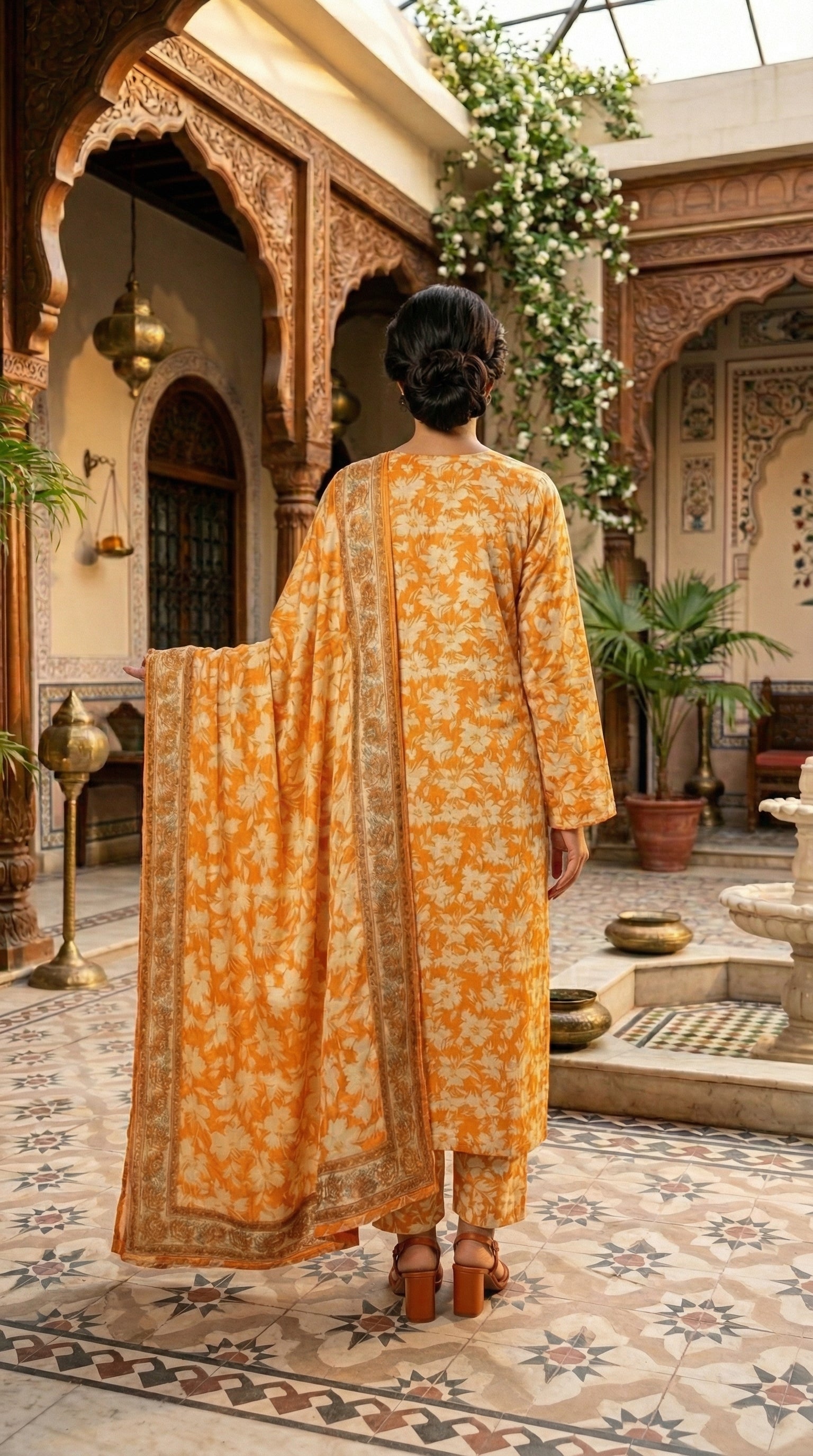 Back view of 3 piece floral printed silk Pakistani suit for festive wear