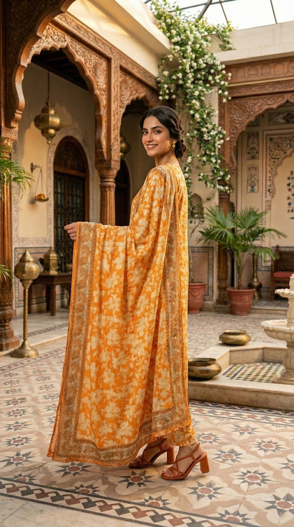 Side profile of luxury floral printed women silk dress with dupatta