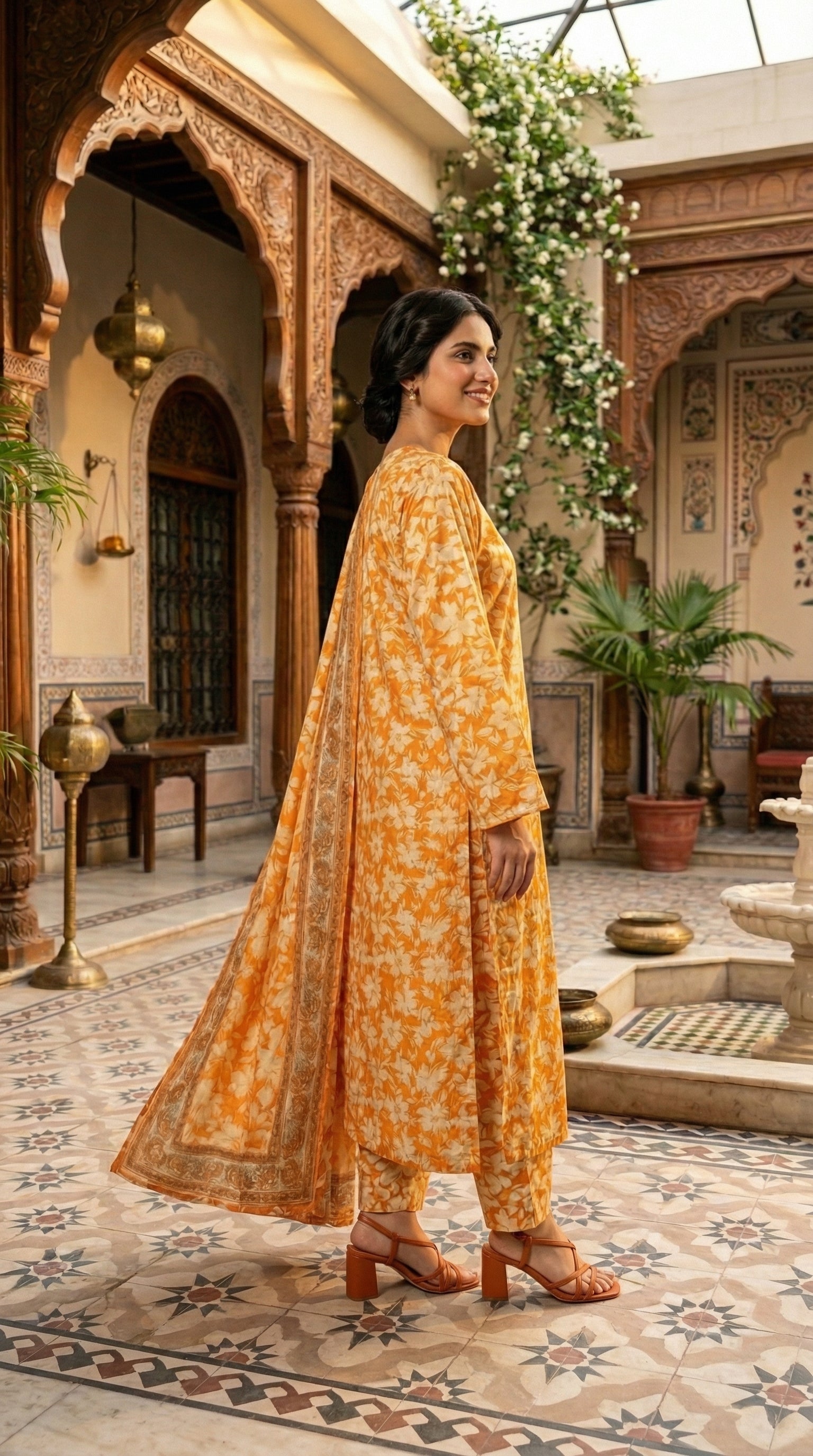 Elegant ethnic silk suit with floral print and matching accessories
Luxury 3 piece women suit with floral printed dupatta for Eid and weddings