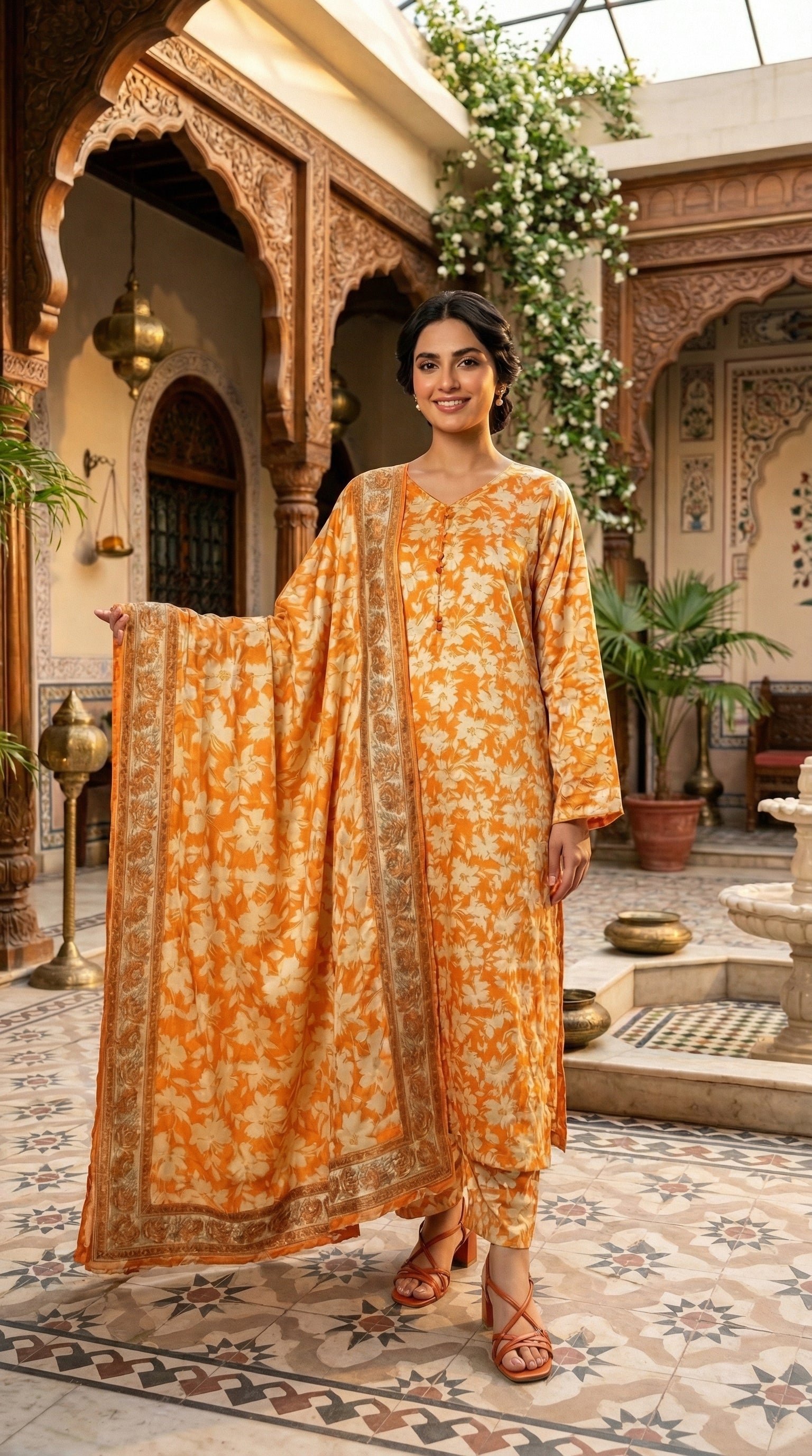 Front view of floral printed silk suit with matching trousers and dupatta