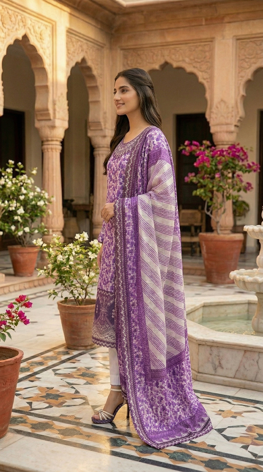 Woman wearing lavender floral printed embroidered 3 piece suit with dupatta