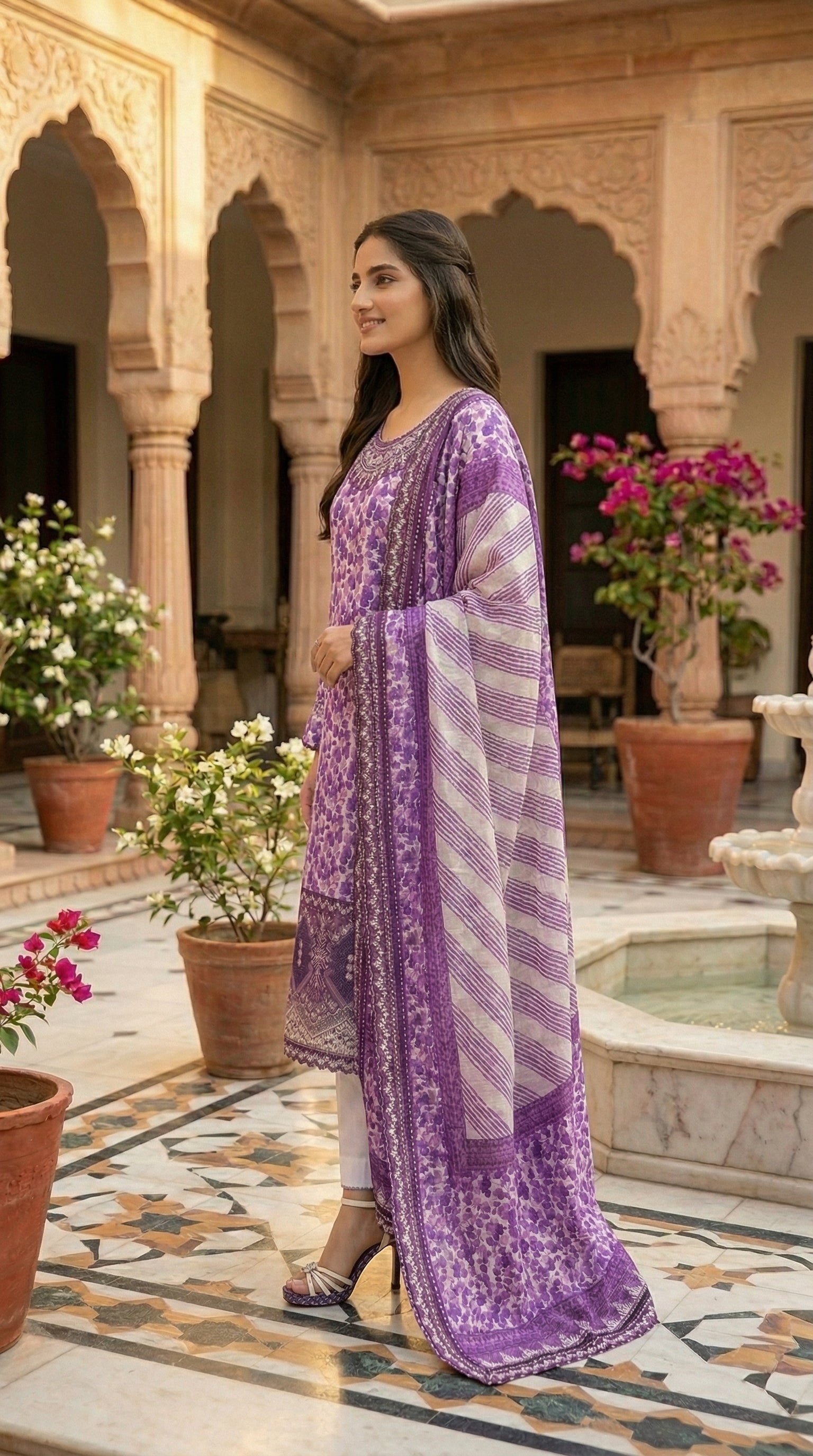 Woman wearing lavender floral printed embroidered 3 piece suit with dupatta
