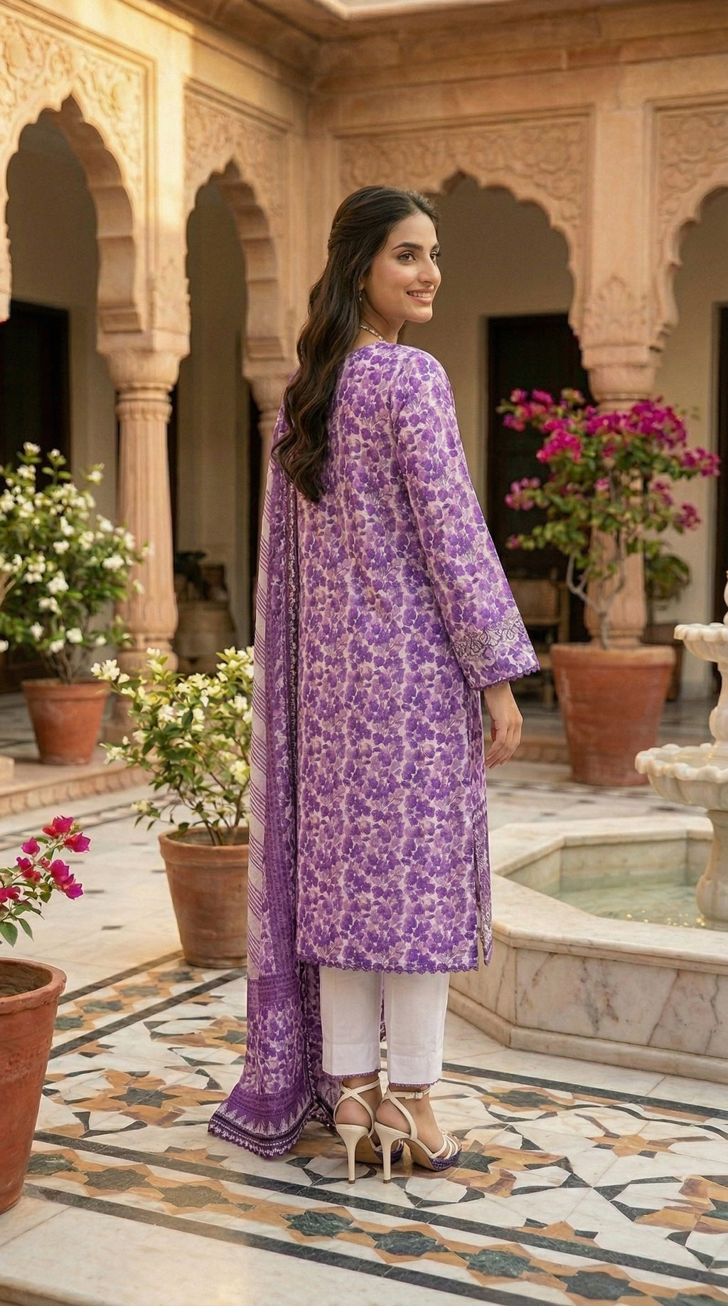 Back view of lavender ethnic kurta with floral print and white trousers
