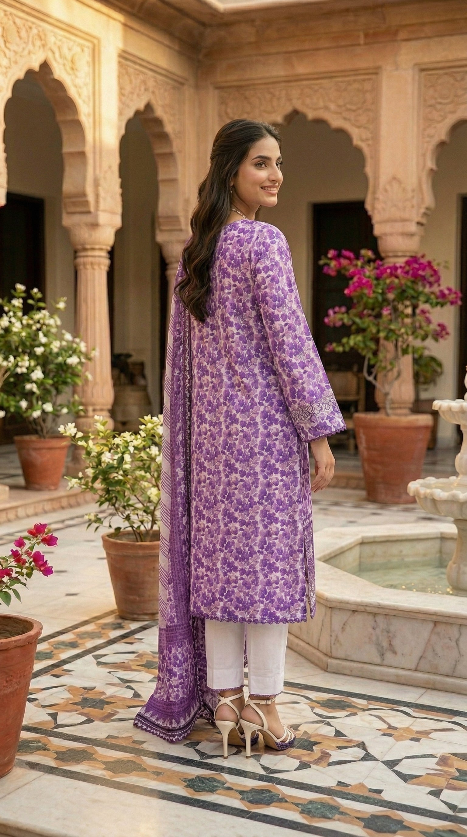 Back view of lavender ethnic kurta with floral print and white trousers