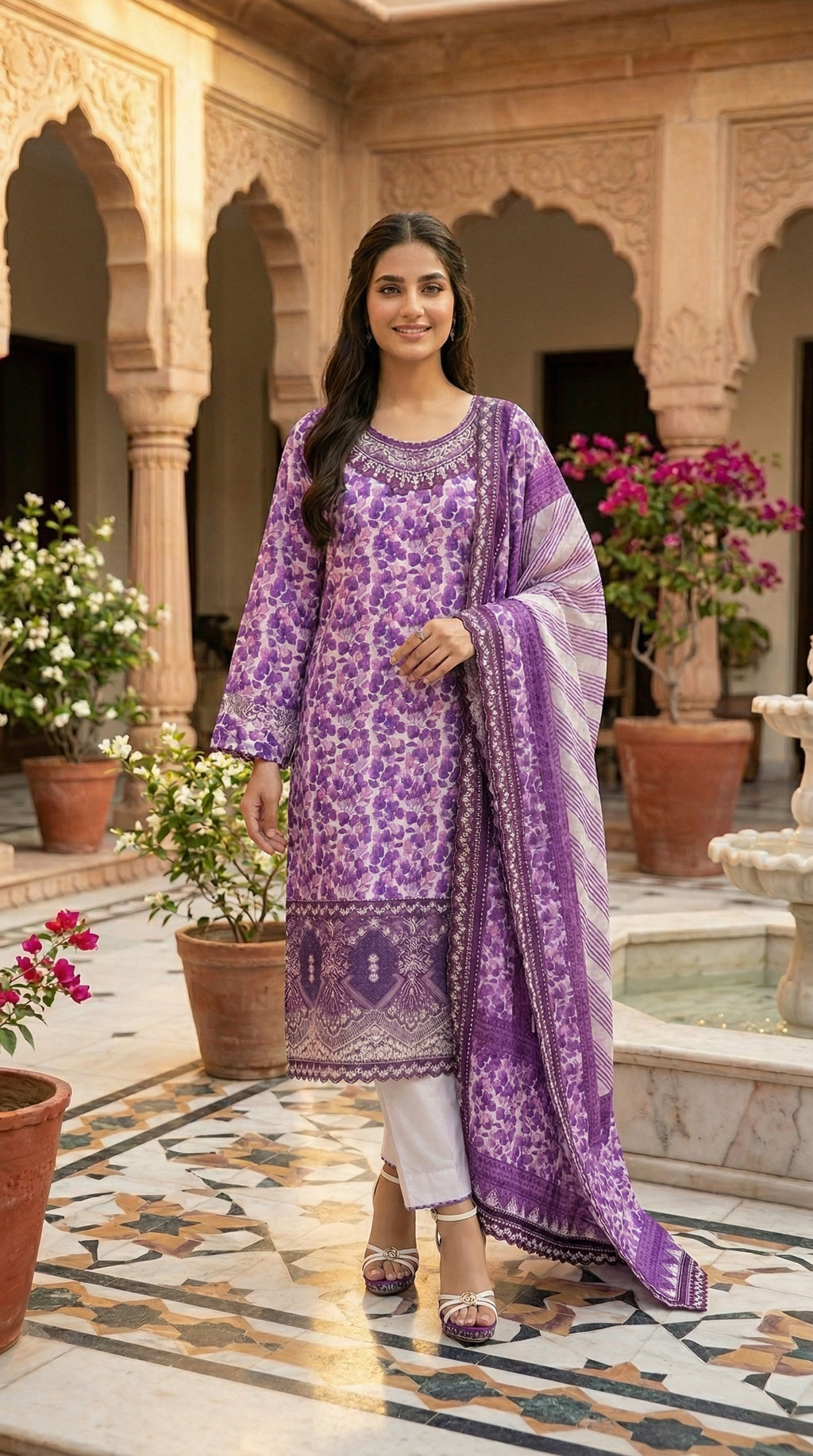 Front view of purple floral suit set with striped dupatta and embroidered neckline
